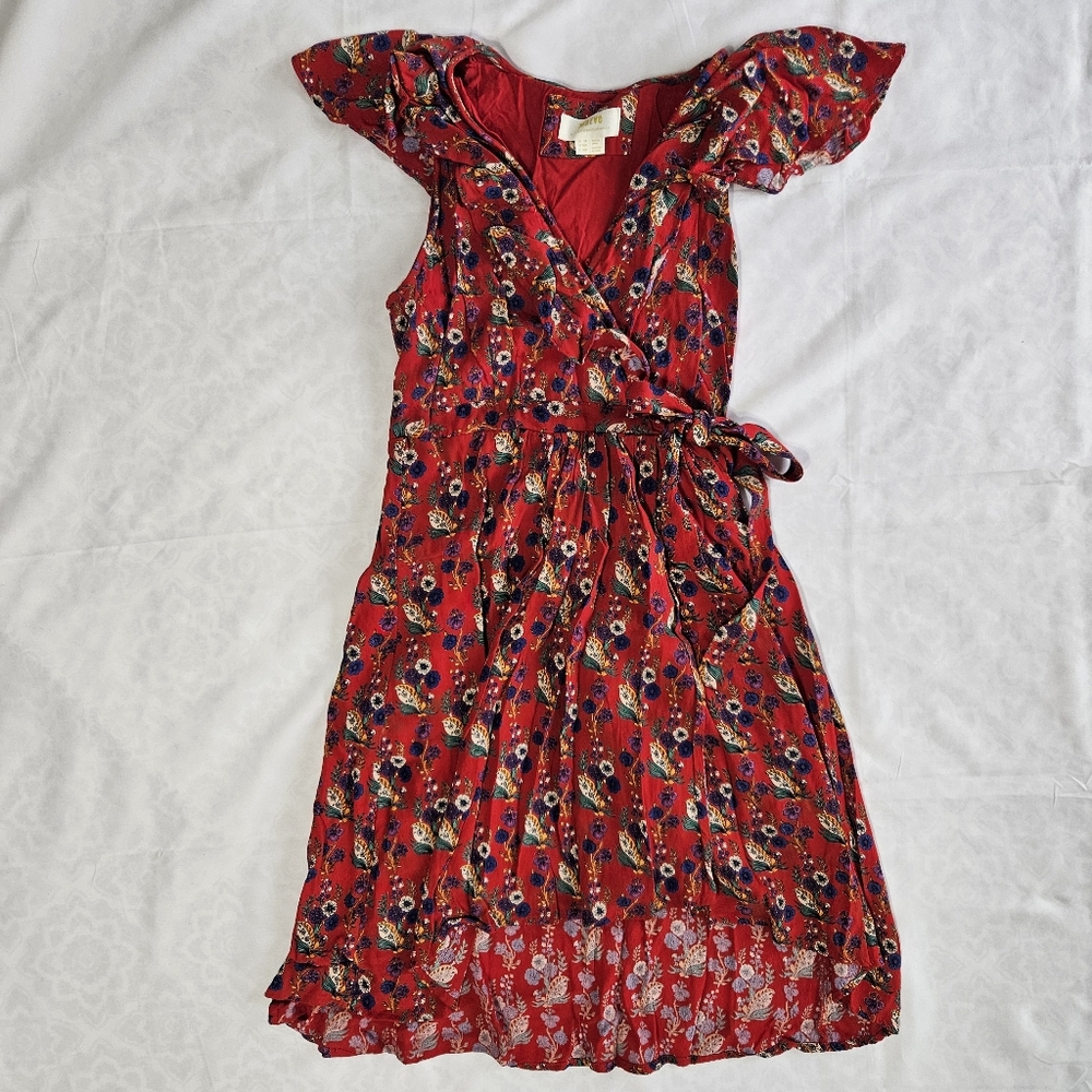 Maeve Anthropologie Womens 00P Rosalia Ruffle Faux Wrap Lined Dress Hi Lo Hem